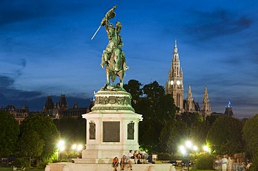 Erzherzog-Karl-Denkmal monument and town hall at dusk, Vienna, Austria, Europe