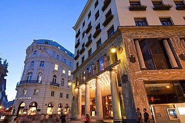 Looshaus building at dusk, Michaelerplatz square, Vienna, Austria, Europe