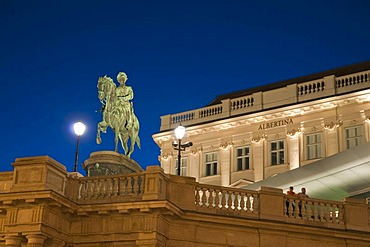 Equestrian statue in front of Albertina Palace at dusk, Vienna, Austria, Europe