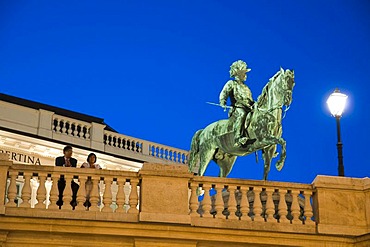 Equestrian statue in front of Albertina Palace at dusk, Vienna, Austria, Europe