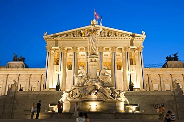 Parlament parliament building at dusk, Pallas-Athene-Brunnen fountain, Ringstrasse street, Vienna, Austria, Europe