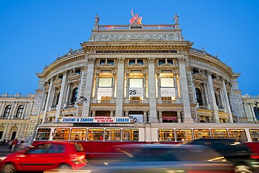 Tram, Burgtheater theatre at dusk, Ringstrasse street, Vienna, Austria, Europe