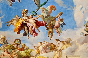 Ceiling frescoes by Johann Michael Rottmayr, The admittance of Military genius to Olympus, Palais Liechtenstein, Vienna, Austria, Europe