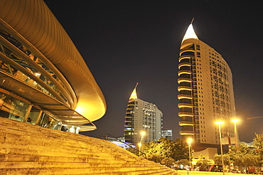 Modern architecture, Pavilhao Atlantico, left, and skyscrapers Sao Gabriel and Sao Rafael, right, in the Parque das NacÄ±es park, site of the Expo 98, Lisbon, Portugal, Europe