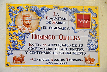 Wall mosaic in honour of the bullfighter Domingo Ortega in Las Ventas Bullring, Madrid, Spain, Iberian Peninsula, Europe