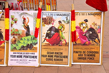 Bullfight poster on a stall at the Plaza de Toros Las Ventas, Las Ventas Bullring, Madrid, Spain, Iberian Peninsula, Europe