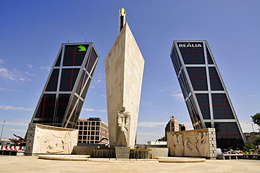 Monument to Jose Calvo Sotelo in front of Kio Towers, Torres Kio or Puerta de Europa, Plaza Castilla, Madrid, Spain, Iberian Peninsula, Europe