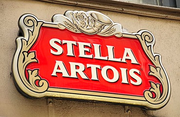 Sign Stella Artois on a bar, Brussels, Belgium, Europe