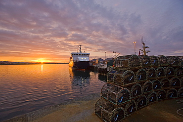 Fishing weirs and fishing boat, harbor, Kirkwall, Orkney Islands, Scotland, United Kingdom, Europe