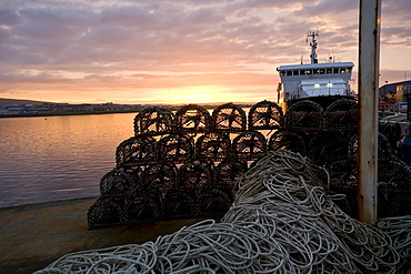 Fishing weirs and fishing boat, harbor, Kirkwall, Orkney Islands, Scotland, United Kingdom, Europe