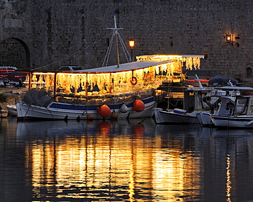 Souvenir shop on a ship in Emborio Harbour, Rhodes Town, Rhodes, Greece, Europe