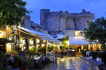 Taverns in front of Thalassini Gate, Rhodes Town, Rhodes, Greece, Europe