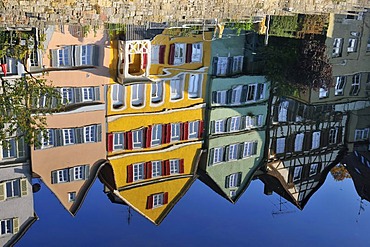 The colorful houses old town on the Neckar waterside reflected in the Neckar River, Tuebingen, Baden-Wuerttemberg, Germany, Europe