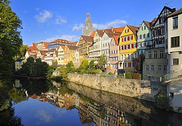 The houses of the old town on the Neckar waterside reflected in the Neckar River, Tuebingen, Baden-Wuerttemberg, Germany, Europe