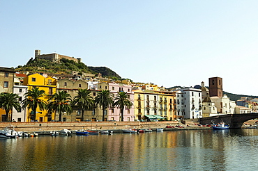 Overlooking the river Temo and the historic town centre with Malaspina Fortress, Bosa, Oristano, Sardinia, Italy, Europe