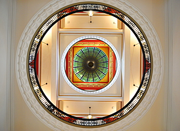 Glass ornamentation, glass vaulted roof, large central dome, QVB, Queen Victoria Building, shopping centre, Sydney, New South Wales, Australia