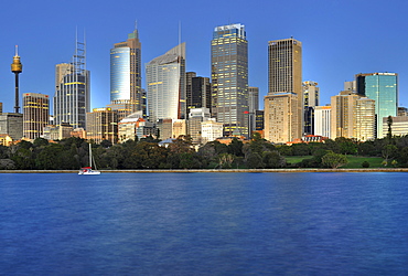 Skyline of Sydney before sunrise, TV Tower, Central Business District, Sydney, New South Wales, Australia