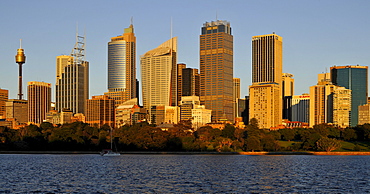 Skyline of Sydney at sunrise, TV Tower, Central Business District, Sydney, New South Wales, Australia