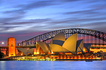 Sydney Opera House, Sydney Harbor Bridge, night, Sydney, New South Wales, Australia