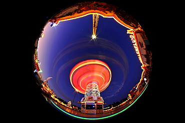 Night scene, fisheye shot, Chair-O-Planes or Swing Carousel, Cannstatt Festival, Stuttgart Beer Festival, Stuttgart, Baden-Wuerttemberg, Germany, Europe