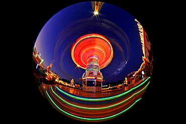 Night scene, fisheye shot, Chair-O-Planes or Swing Carousel, Cannstatt Festival, Stuttgart Beer Festival, Stuttgart, Baden-Wuerttemberg, Germany, Europe