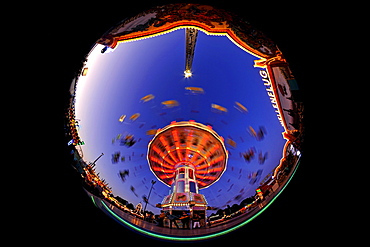 Night scene, fisheye shot, Chair-O-Planes or Swing Carousel, Cannstatt Festival, Stuttgart Beer Festival, Stuttgart, Baden-Wuerttemberg, Germany, Europe