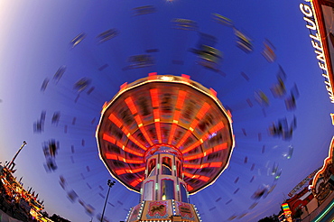 Night scene, fisheye shot, Chair-O-Planes or Swing Carousel, Cannstatt Festival, Stuttgart Beer Festival, Stuttgart, Baden-Wuerttemberg, Germany, Europe