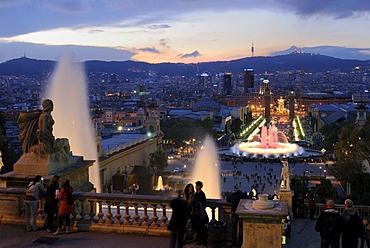 La Font Magica, view from Palau Nacional de Montjuic towards Placa d'Espanya, Barcelona, Catalonia, Spain, Europe