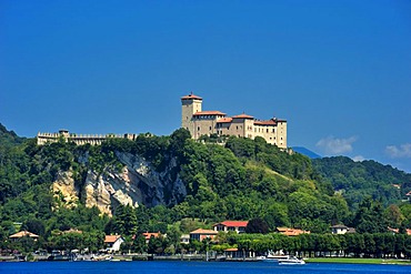 Lago Maggiore lake with La Rocca di Angera, Angera, Lombardy, Varese, Italy, Europe