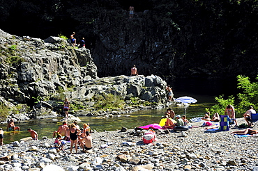 Bathing area in the Cannobino River in Valle Cannobina near Traffiume, Lago Maggiore, Cannobio, Piedmont, Italy, Europe