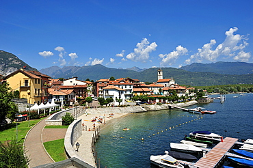 Townscape with port and beach, Feriolo, Lake Maggiore, Piedmont, Italy, Europe