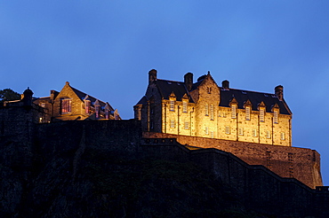 Edinburgh Castle at dusk from Princes Street, Edinburgh, Scotland, United Kingdom, Europe