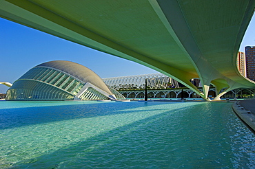 Monteolivete bridge and L'Hemisferic, by S. Calatrava, City of Arts and Sciences, Comunidad Valenciana, Valencia, Spain, Europe