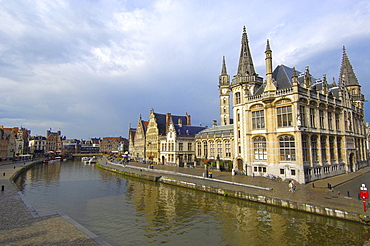 Water reflections of the guild houses at Leie River, Ghent, Flanders, Belgium, Europe