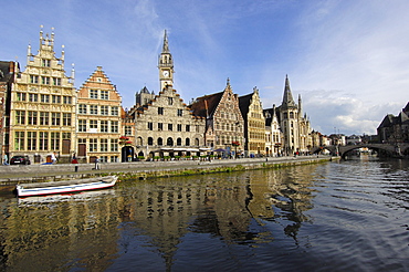 Water reflections of the guild houses at Leie River, Ghent, Flanders, Belgium, Europe