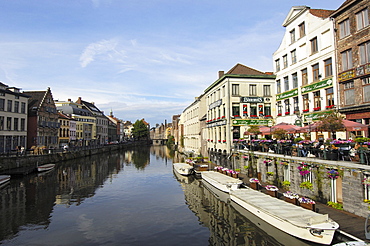 Buildings and water reflections at Leie River, Ghent, Flanders, Belgium, Europe