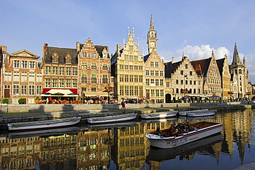 Guild houses and water reflections at the Leie River, Ghent, Flanders, Belgium, Europe