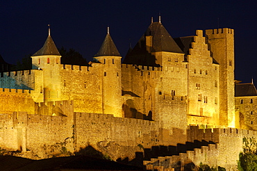 La Cite, Carcassonne medieval fortified town at night, Aude, Languedoc-Roussillon, France, Europe