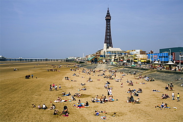 Blackpool Beach and Tower, Lancashire, England, United Kingdom, Europe