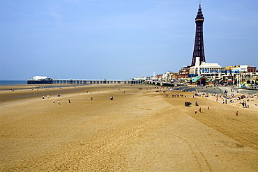 Blackpool Beach, North Pier and Tower, Lancashire, England, United Kingdom, Europe