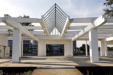 Remnants of a former storage building, Garten der Erinnerungen Garden of Memories by Dani Karavan, artificial ruins, inner harbor, Duisburg, Ruhrgebiet area, North Rhine-Westphalia, Germany, Europe