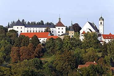 Schloss Wolfegg baronial castle and church, Allgaeu region, Upper Swabia, Baden-Wuerttemberg, Germany, Europe