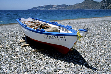 Fishing boat on beach, Almunecar, Andalusia, Spain, Europe