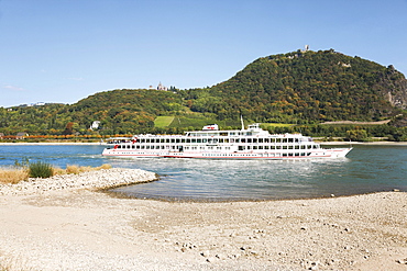 Excursion ship of the KD on the Rhine river at low water, river bed, Mt. Drachenfels, between Mehlem and Rolandswerth, North Rhine-Westphalia, Germany, Europe