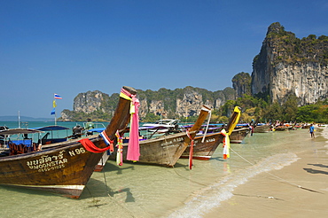 Long-tail boats on Rai Leh West Beach, Krabi, Thailand, Asia