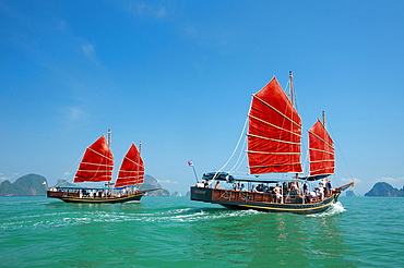 Junks in Phang Nga Bay, Phuket, Thailand, Asia