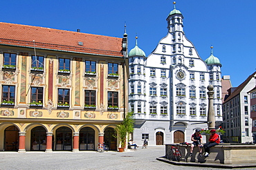 Market square with City Hall and Tax House, Memmingen, Allgaeu, Bavaria, Germany, Europe