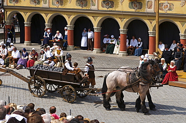 Wallenstein 1630 procession in front of the Tax House on the market square in Memmingen, Allgaeu, Bavaria, Germany, Europe