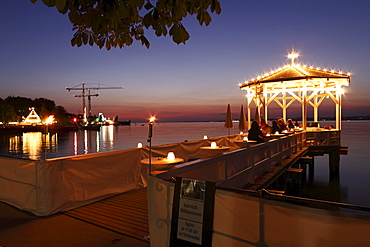 Pavilion at the lake promenade, Seebuehne floating stage on the left, Bregenz, Lake Constance, Vorarlberg, Austria, Europe