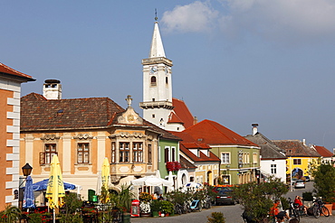 Town hall square and Catholic church, Rust on Lake Neusiedl, Burgenland, Austria, Europe